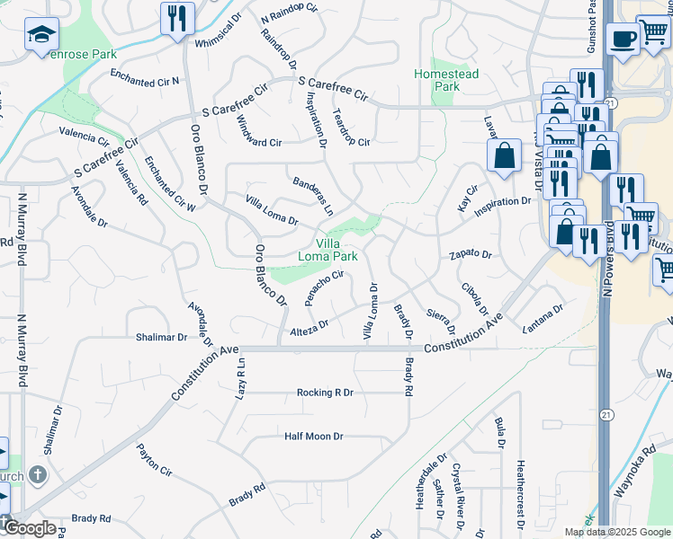 map of restaurants, bars, coffee shops, grocery stores, and more near 2714 Penacho Circle in Colorado Springs