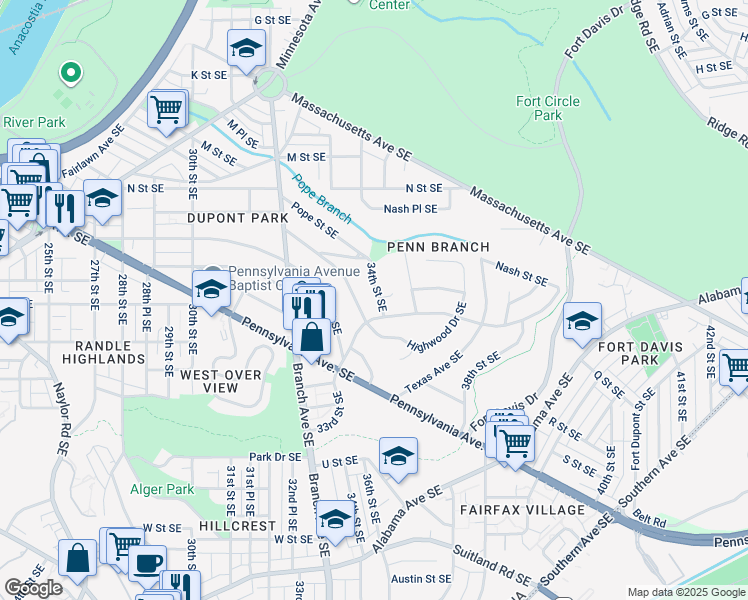 map of restaurants, bars, coffee shops, grocery stores, and more near 1437 34th Street Southeast in Washington