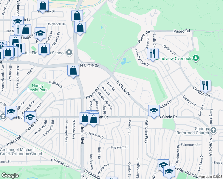 map of restaurants, bars, coffee shops, grocery stores, and more near 2732 Lark Drive in Colorado Springs