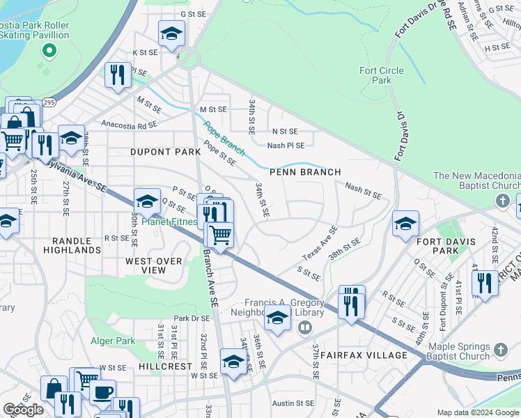 map of restaurants, bars, coffee shops, grocery stores, and more near 1437 34th Street Southeast in Washington