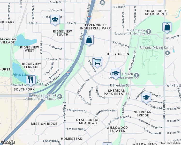map of restaurants, bars, coffee shops, grocery stores, and more near 1428 East Sheridan Street in Olathe