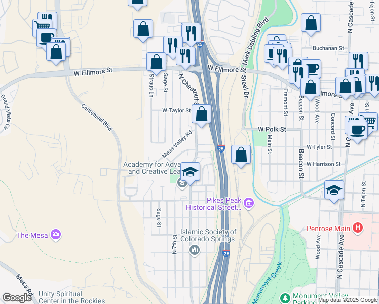 map of restaurants, bars, coffee shops, grocery stores, and more near 535 Prestonwood Drive in Colorado Springs