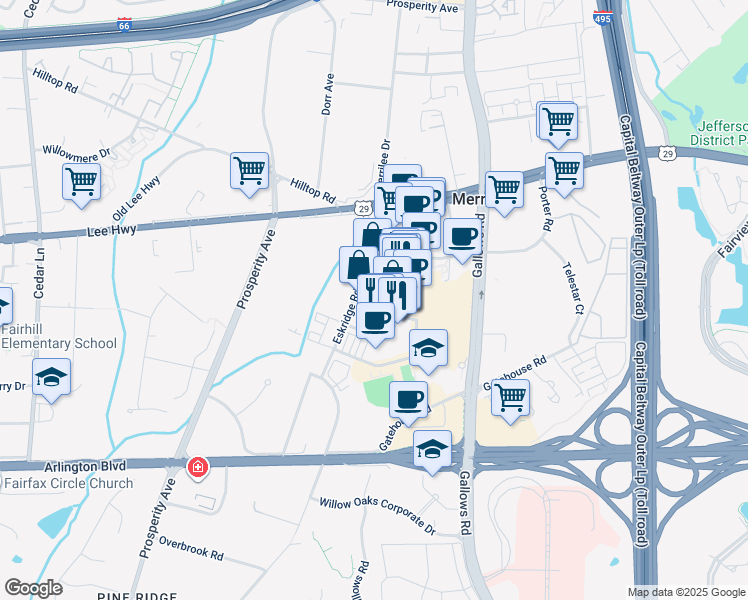 map of restaurants, bars, coffee shops, grocery stores, and more near 8329 Looking Glass Way in Fairfax