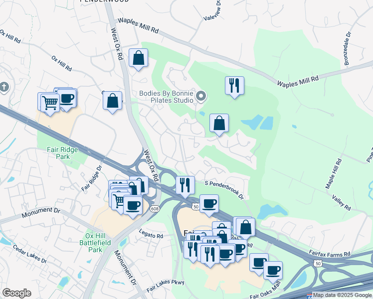 map of restaurants, bars, coffee shops, grocery stores, and more near 12008 Ridge Knoll Drive in Fairfax