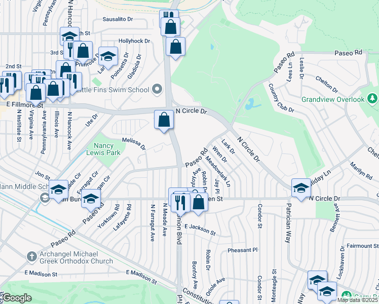 map of restaurants, bars, coffee shops, grocery stores, and more near 2719 North Union Boulevard in Colorado Springs