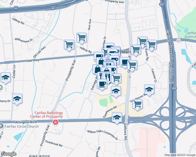 map of restaurants, bars, coffee shops, grocery stores, and more near 2949 Eskridge Road in Fairfax