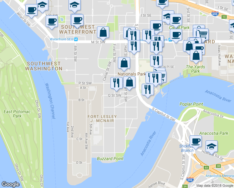 map of restaurants, bars, coffee shops, grocery stores, and more near 1550 1st Street Southwest in Washington