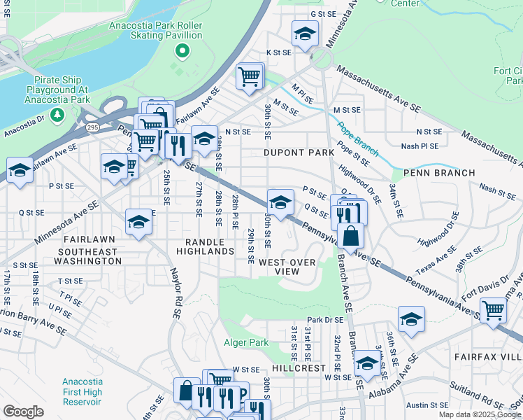 map of restaurants, bars, coffee shops, grocery stores, and more near 2929 Pennsylvania Avenue Southeast in Washington