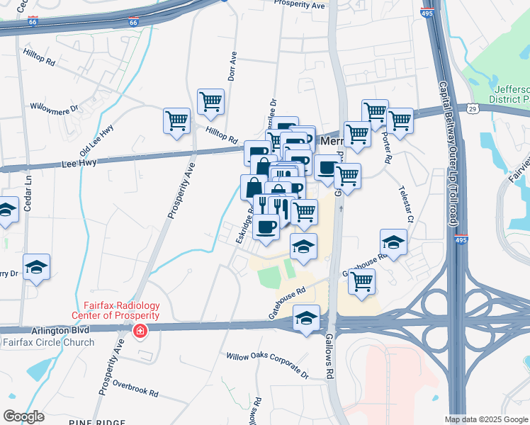 map of restaurants, bars, coffee shops, grocery stores, and more near 8329 Looking Glass Way in Fairfax