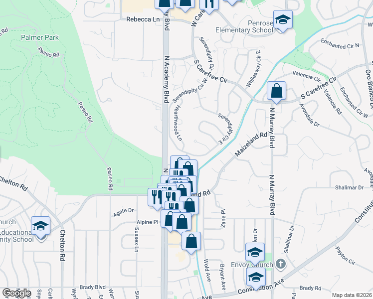map of restaurants, bars, coffee shops, grocery stores, and more near 2605 Hearthwood Lane in Colorado Springs