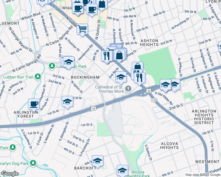 map of restaurants, bars, coffee shops, grocery stores, and more near 203 North Trenton Street in Arlington