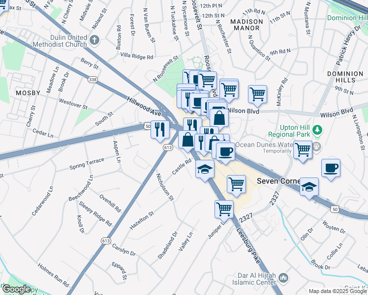 map of restaurants, bars, coffee shops, grocery stores, and more near 6315 Virginia 7 in Seven Corners