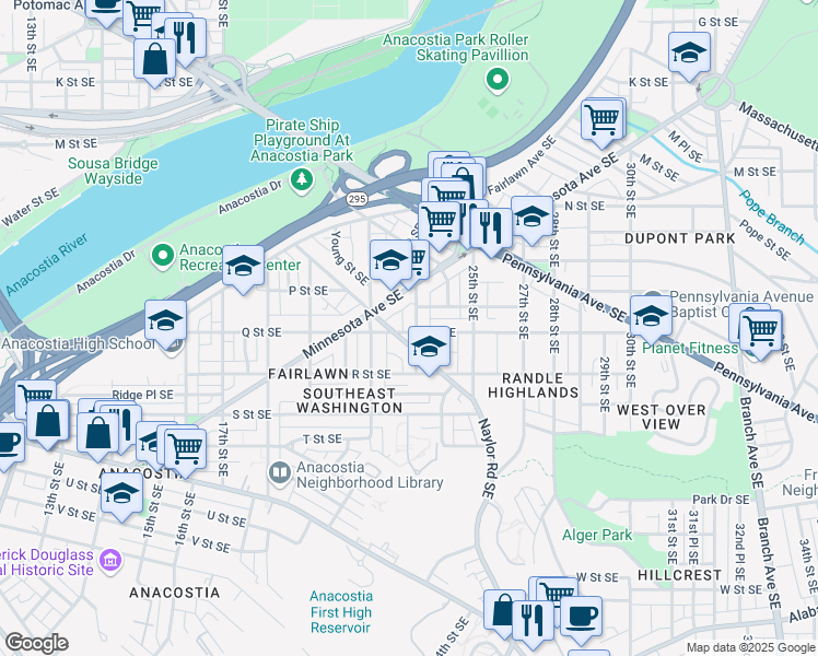 map of restaurants, bars, coffee shops, grocery stores, and more near 2220 Q Street Southeast in Washington