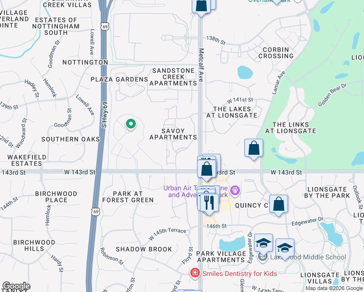 map of restaurants, bars, coffee shops, grocery stores, and more near 14210 Floyd Street in Overland Park