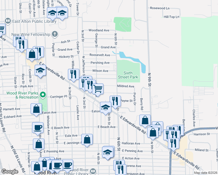 map of restaurants, bars, coffee shops, grocery stores, and more near 540 Mildred Avenue in Wood River