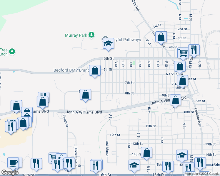 map of restaurants, bars, coffee shops, grocery stores, and more near 714 W St in Bedford
