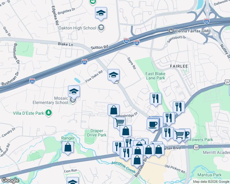 map of restaurants, bars, coffee shops, grocery stores, and more near 9713 Water Oak Drive in Fairfax