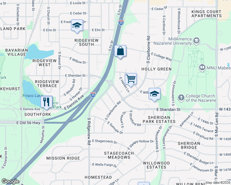 map of restaurants, bars, coffee shops, grocery stores, and more near 1417 East Sheridan Street in Olathe