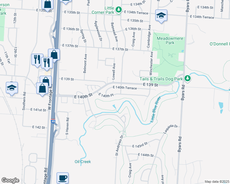 map of restaurants, bars, coffee shops, grocery stores, and more near 6306 East 140th Place in Grandview