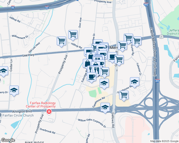 map of restaurants, bars, coffee shops, grocery stores, and more near 8315 Looking Glass Way in Fairfax