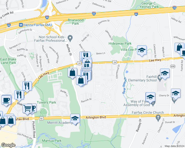 map of restaurants, bars, coffee shops, grocery stores, and more near 2992 Covington Street in Fairfax