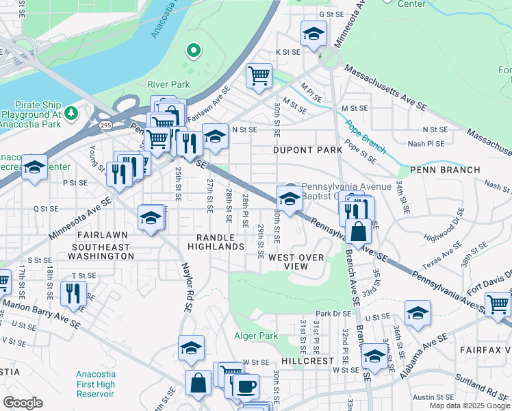 map of restaurants, bars, coffee shops, grocery stores, and more near 2834 Q Street Southeast in Washington