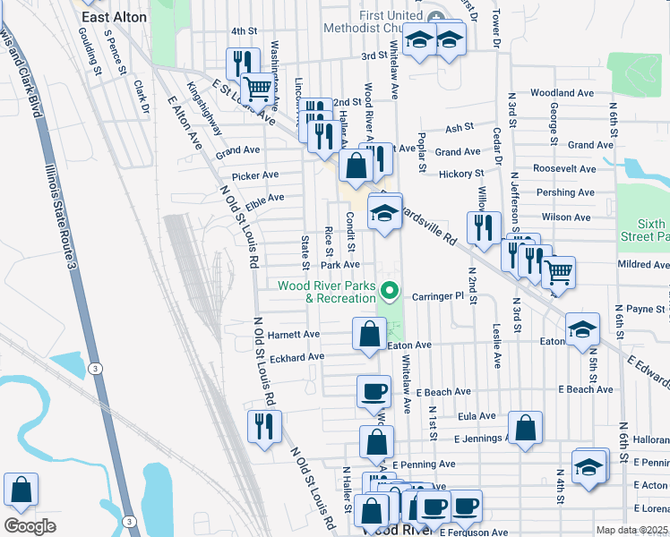 map of restaurants, bars, coffee shops, grocery stores, and more near 753 Rice Street in Wood River
