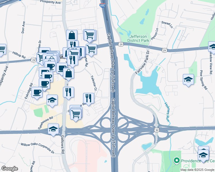 map of restaurants, bars, coffee shops, grocery stores, and more near 2902 Kings Chapel Road in Falls Church