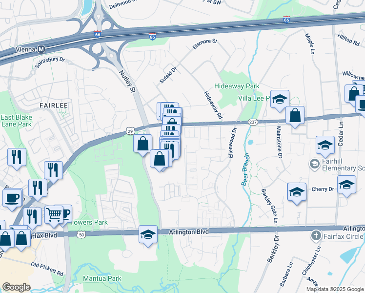 map of restaurants, bars, coffee shops, grocery stores, and more near 2992 Covington Street in Fairfax