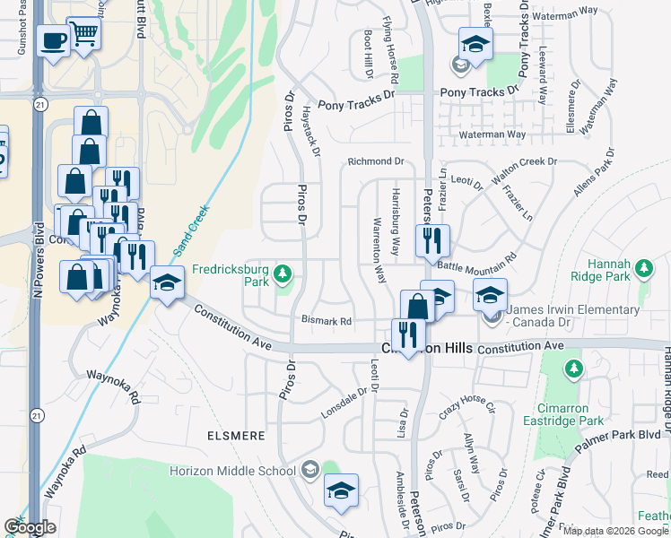 map of restaurants, bars, coffee shops, grocery stores, and more near 2765 Charlottesville Drive in Colorado Springs