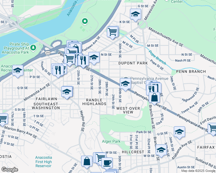 map of restaurants, bars, coffee shops, grocery stores, and more near 2826 Q Street Southeast in Washington