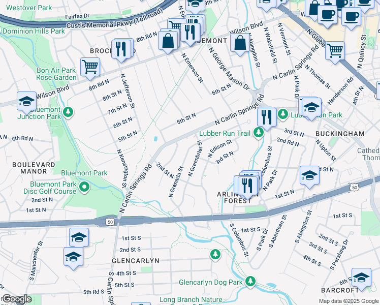 map of restaurants, bars, coffee shops, grocery stores, and more near 301 North Granada Street in Arlington