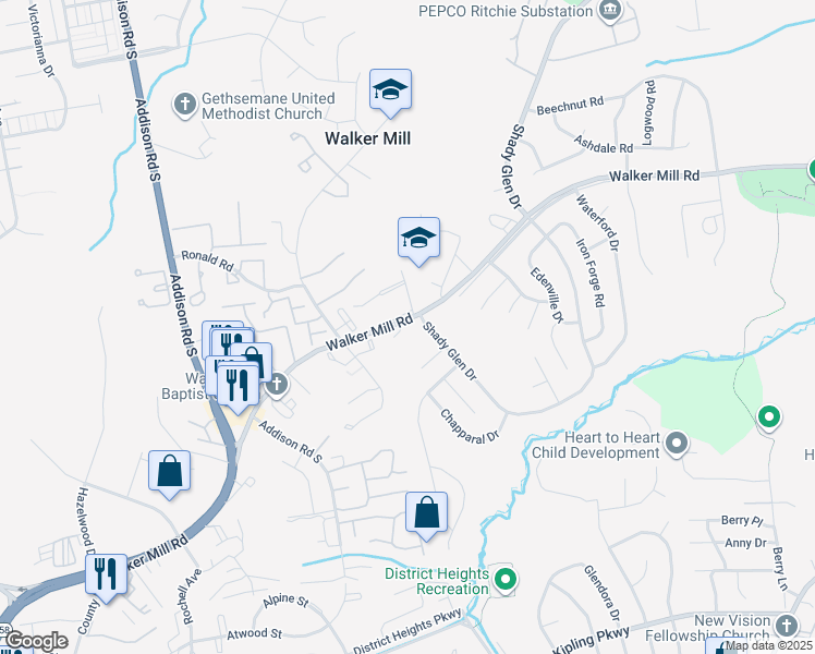 map of restaurants, bars, coffee shops, grocery stores, and more near 6981 Walker Mill Road in Capitol Heights