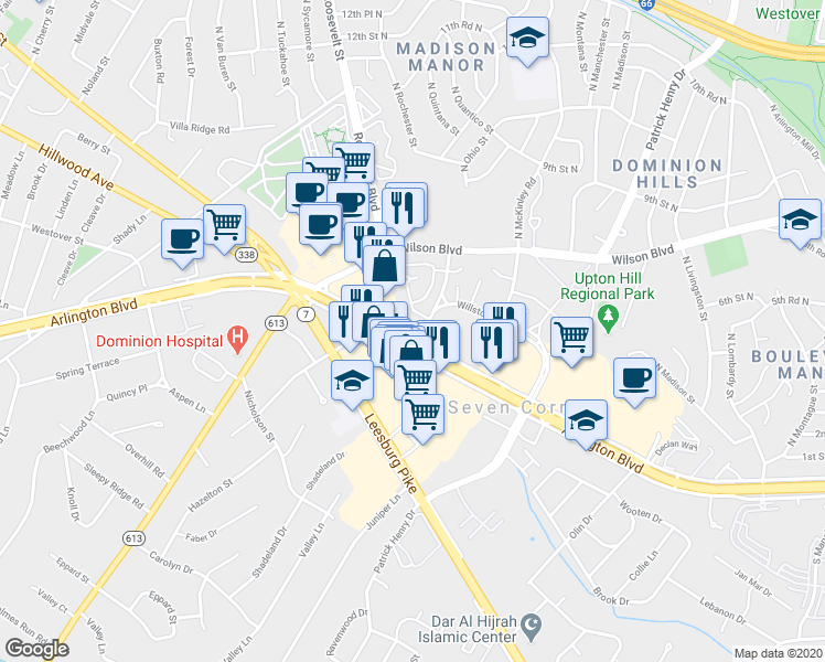 map of restaurants, bars, coffee shops, grocery stores, and more near 6232 Arlington Boulevard in Falls Church