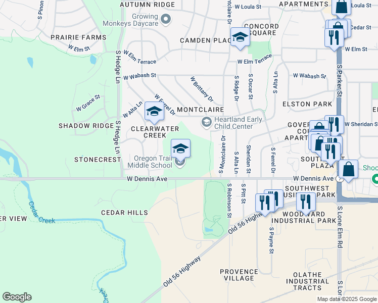 map of restaurants, bars, coffee shops, grocery stores, and more near 1800 West Dennis Avenue in Olathe