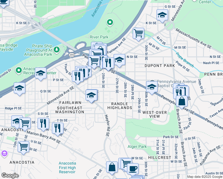 map of restaurants, bars, coffee shops, grocery stores, and more near 2522 Q Street Southeast in Washington