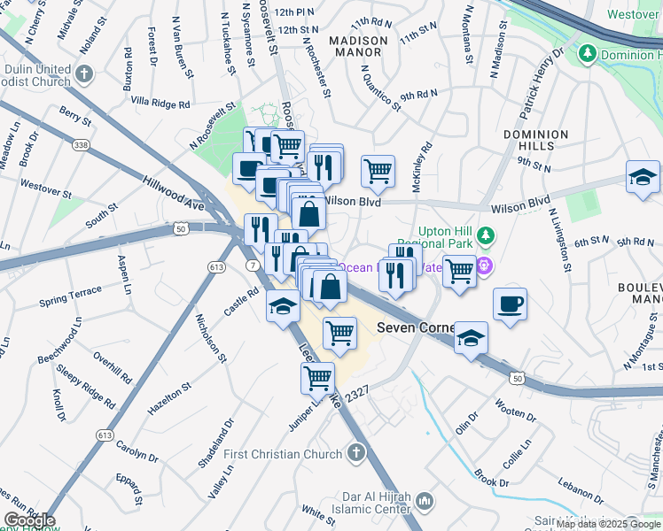 map of restaurants, bars, coffee shops, grocery stores, and more near 6232 Arlington Boulevard in Falls Church