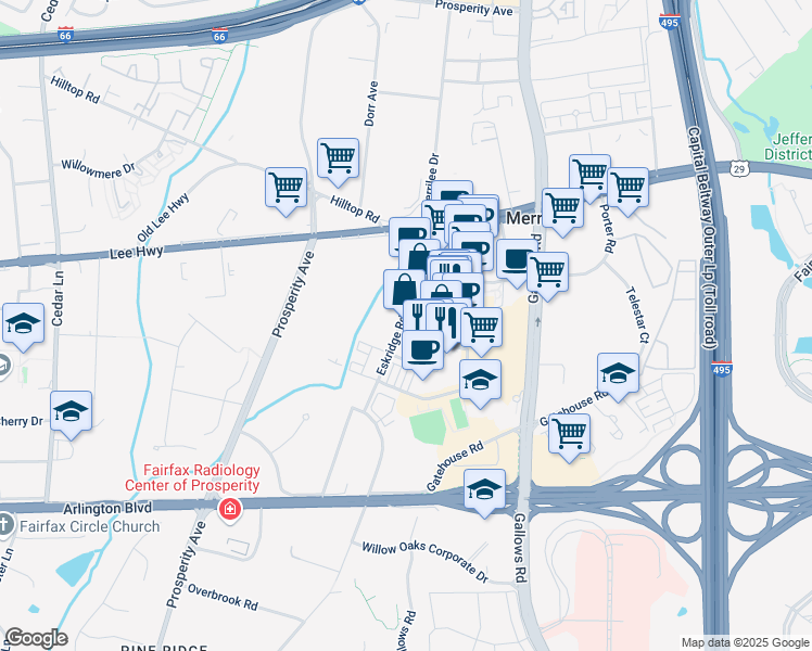 map of restaurants, bars, coffee shops, grocery stores, and more near 2947 Eskridge Road in Fairfax