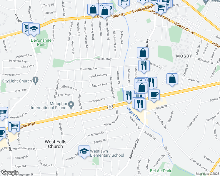 map of restaurants, bars, coffee shops, grocery stores, and more near 6800 Jefferson Avenue in Falls Church