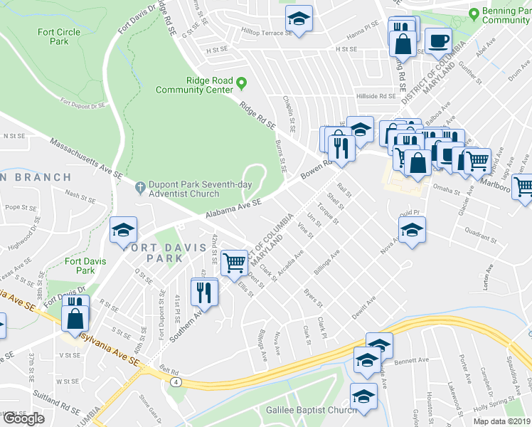 map of restaurants, bars, coffee shops, grocery stores, and more near 4320 Barker Street Southeast in Washington