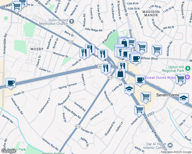 map of restaurants, bars, coffee shops, grocery stores, and more near 3001 Seven Oaks Place in Falls Church