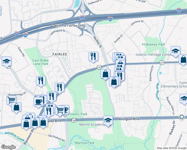map of restaurants, bars, coffee shops, grocery stores, and more near 3163 Virginia Bluebell Court in Fairfax
