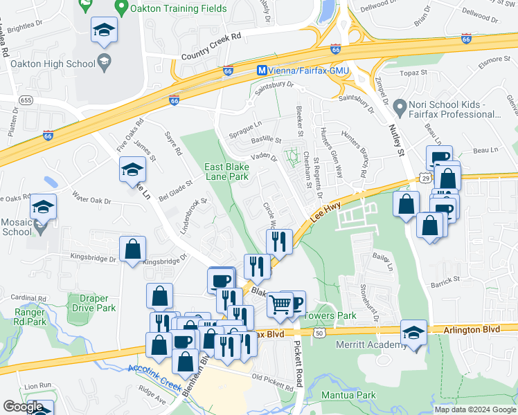 map of restaurants, bars, coffee shops, grocery stores, and more near 3093 Winter Pine Court in Fairfax