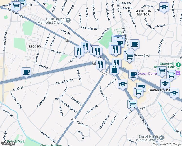 map of restaurants, bars, coffee shops, grocery stores, and more near 3001 Seven Oaks Place in Falls Church
