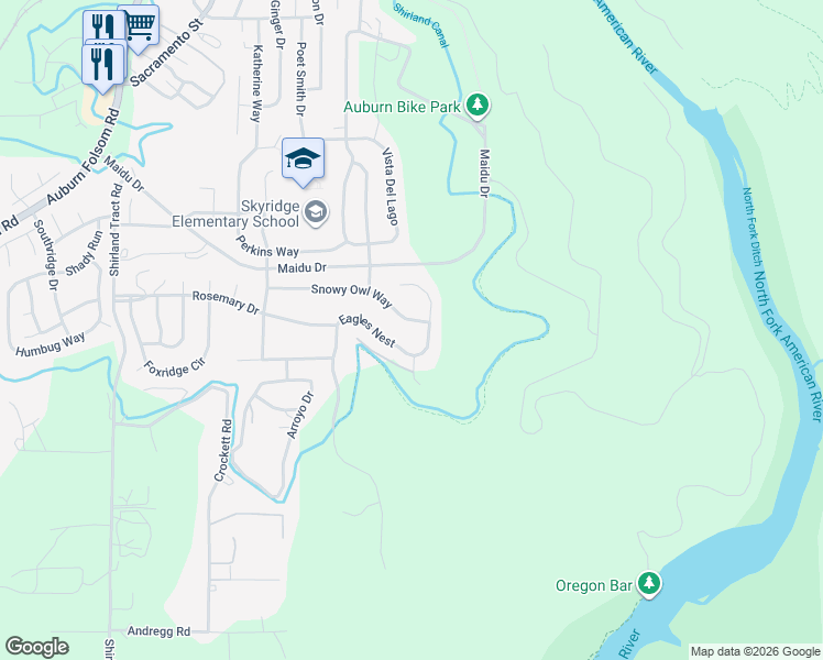 map of restaurants, bars, coffee shops, grocery stores, and more near 4090 Eagles Nest in Auburn