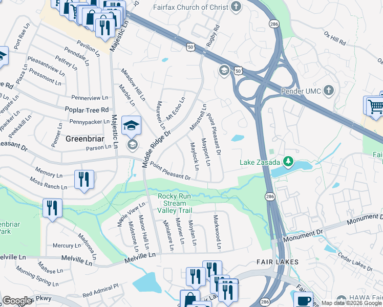 map of restaurants, bars, coffee shops, grocery stores, and more near 4210 Maylock Lane in Fairfax