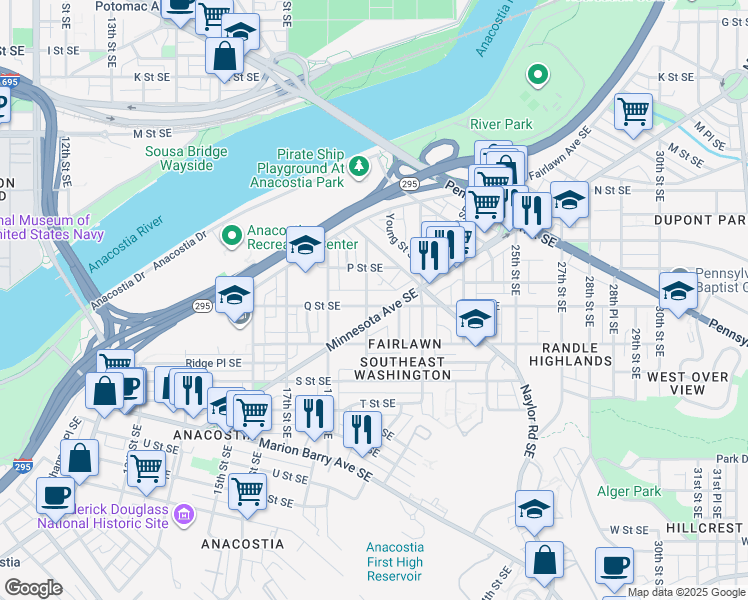 map of restaurants, bars, coffee shops, grocery stores, and more near 1902 Q Street Southeast in Washington