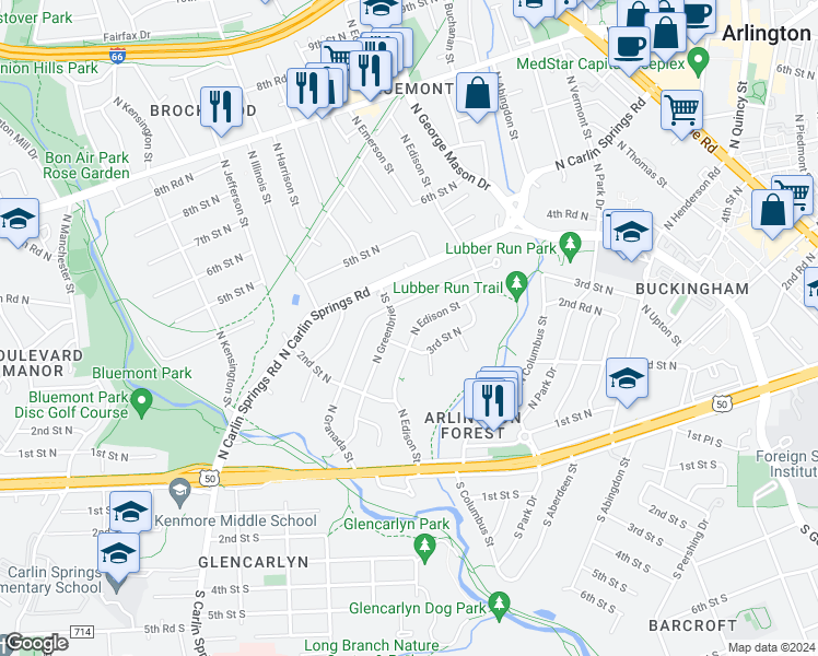 map of restaurants, bars, coffee shops, grocery stores, and more near 308 North Edison Street in Arlington
