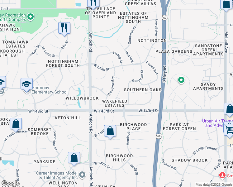 map of restaurants, bars, coffee shops, grocery stores, and more near 14120 Hadley Street in Overland Park
