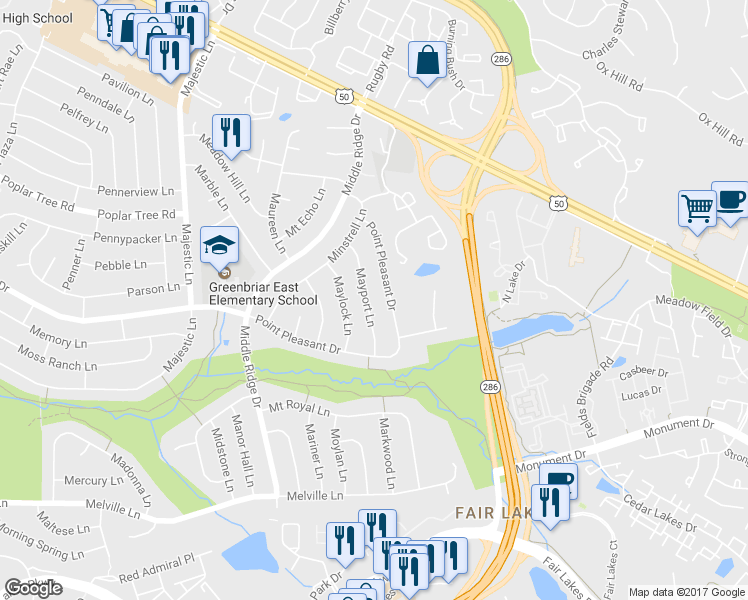 map of restaurants, bars, coffee shops, grocery stores, and more near 4219 Mayport Lane in Fairfax